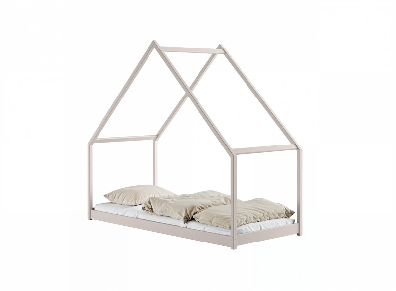 Schemat wymiarów łóżka domku dla dziecka, czarne linie na białym tle, z podanymi długościami i wysokościami.