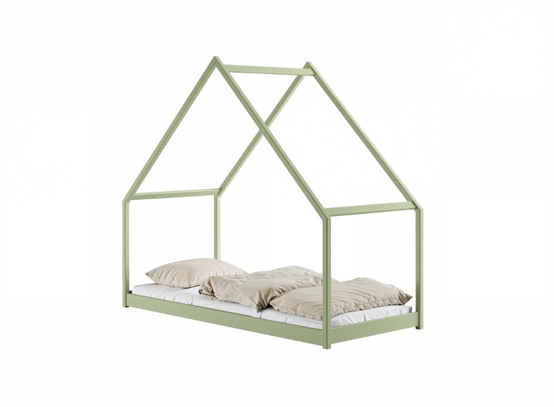 Łóżko dziecięce domek, zielone, metalowe, z materacem i beżową pościelą, na białym tle.