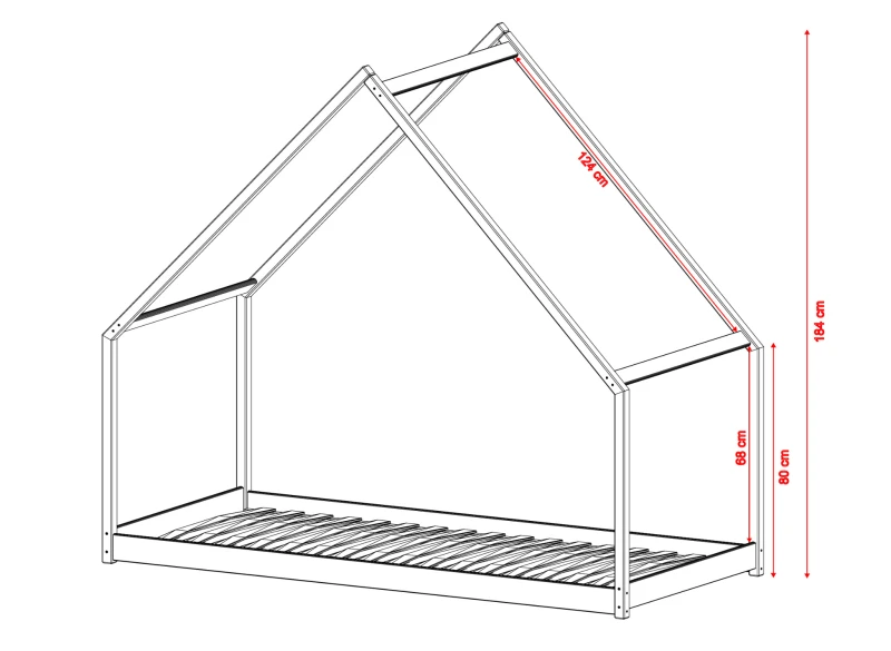 Schemat techniczny łóżka domku dla dziecka z wymiarami: wysokość 184 cm, szerokość 80 cm.