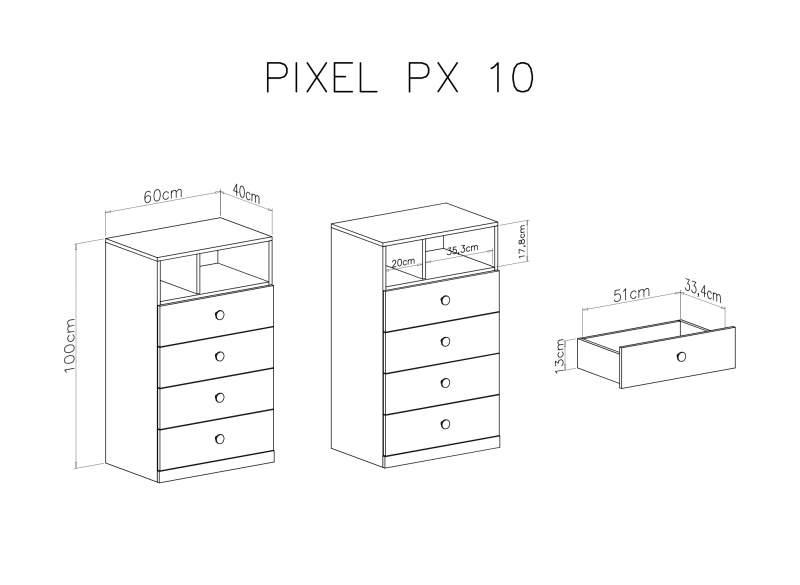 Schemat komody Pixel PX 10 z czterema szufladami i wymiarami poszczególnych elementów.