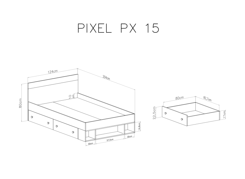 Rysunek techniczny łóżka Pixel PX 15 z szufladami na pościel i wymiarami konstrukcji.