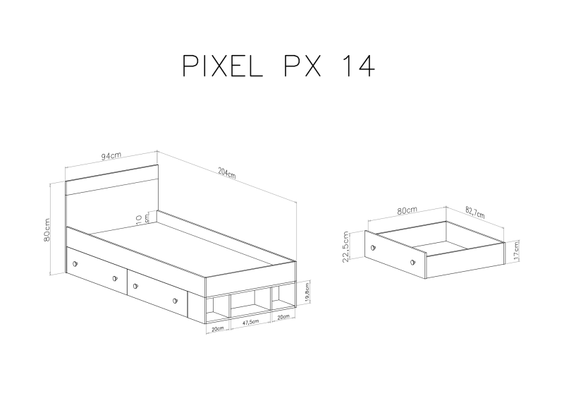 Schemat techniczny łóżka Pixel PX 14 z szufladami i wymiarami.