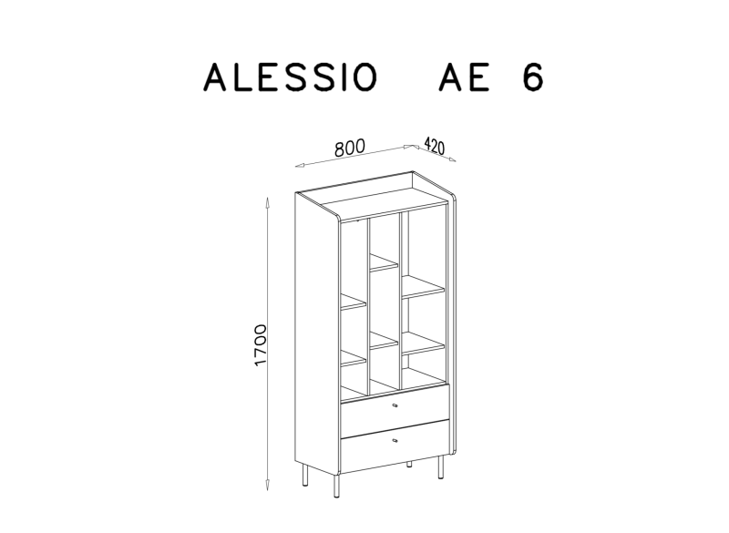 Regał ALESSIO AE 6, biały z półkami i szufladami, schemat techniczny z wymiarami na białym tle.