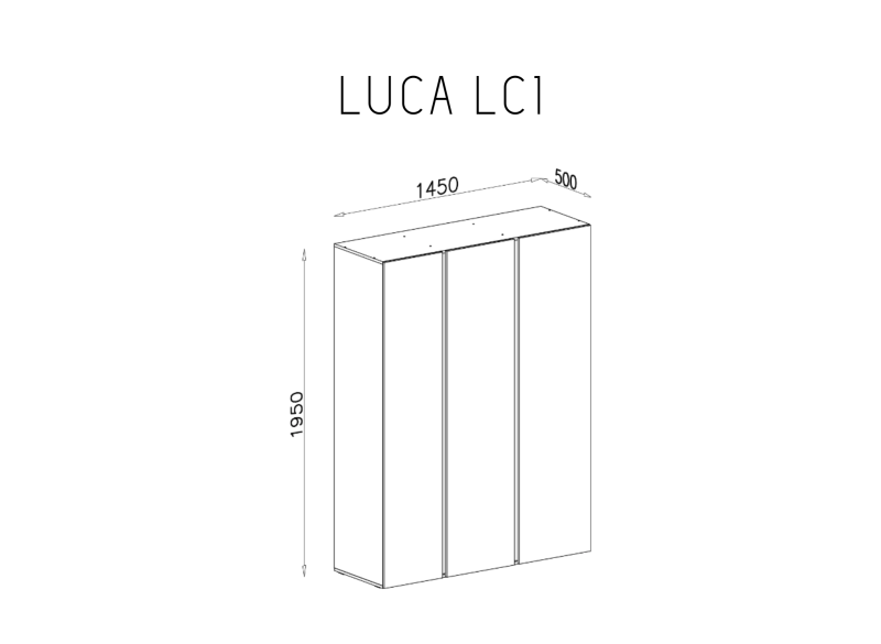 Rysunek techniczny szafy LUCA LC1 z wymiarami, widok perspektywiczny, na białym tle.