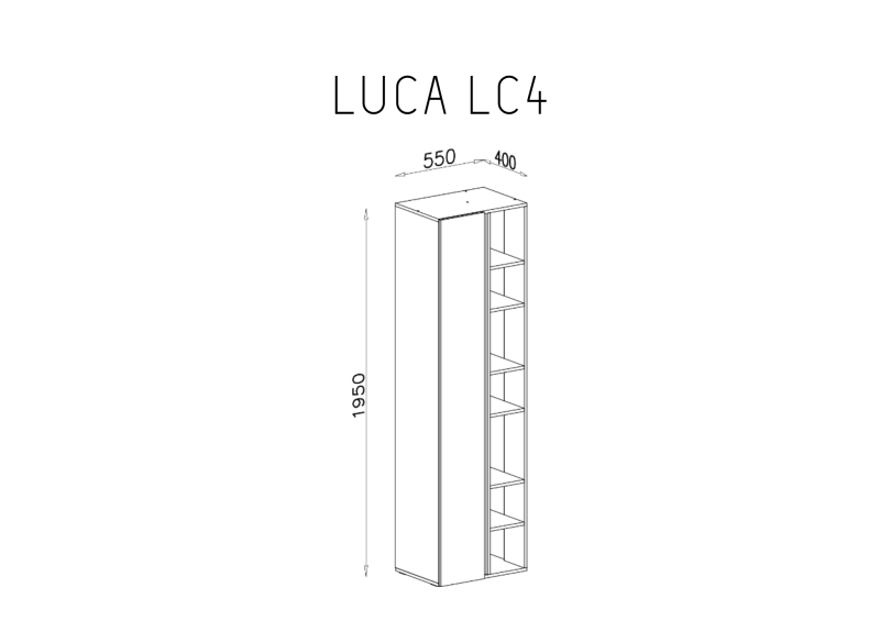 Schemat regału LUCA LC4 z wymiarami, widok perspektywiczny z półkami.