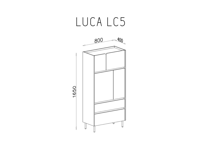Schemat szafki LUCA LC5 z wymiarami, widok perspektywiczny z drzwiczkami i szufladami.