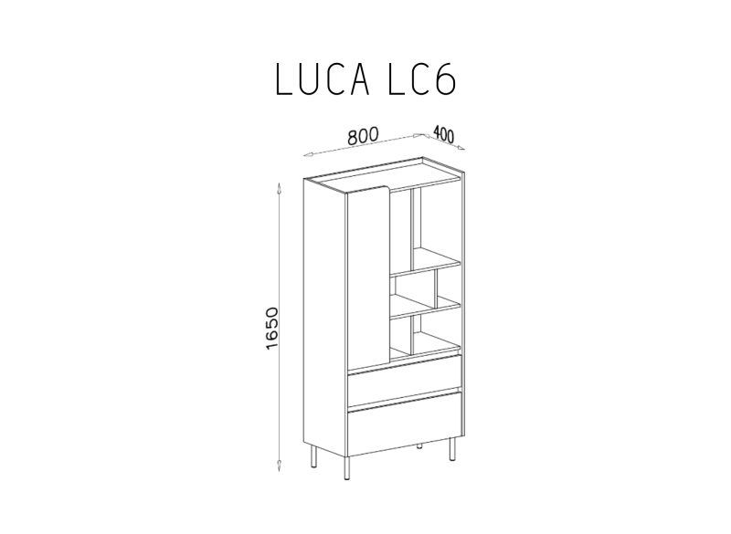 Rysunek techniczny regału Luca LC6 z podanymi wymiarami zewnętrznymi.