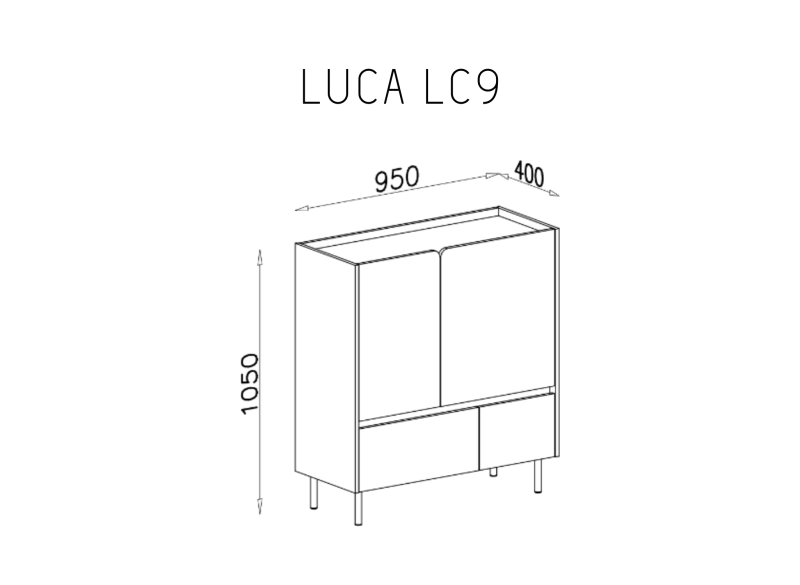 Schemat szafki LUCA LC9 z wymiarami, widok perspektywiczny z drzwiczkami i szufladami.