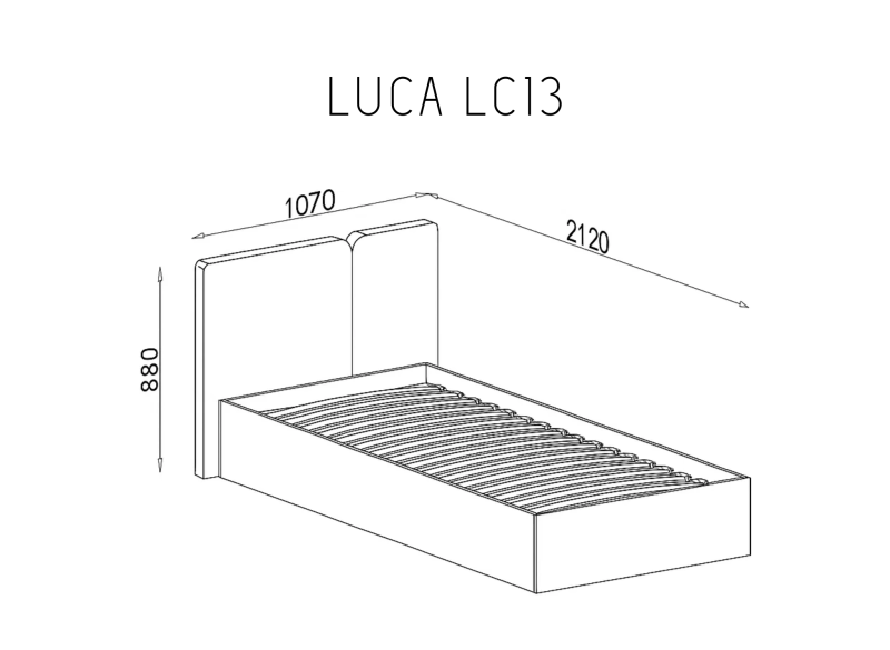 Łóżko LUCA LC13, schemat techniczny z wymiarami 1070x2120x880 mm, na białym tle.