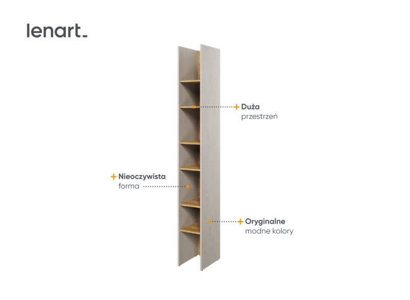 Wąski regał o unikalnej formie, łączący jasnoszary kolor z drewnianymi akcentami.