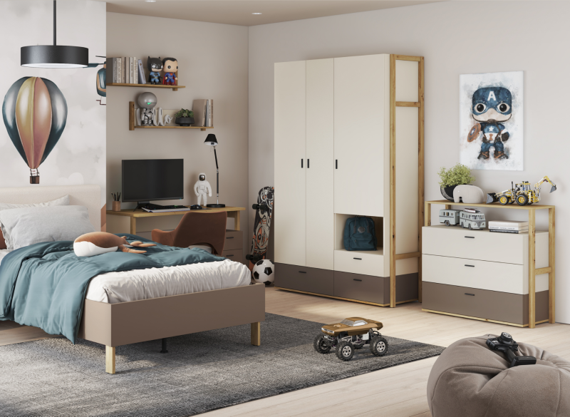 Pokój młodzieżowy z beżowo-brązowymi meblami: łóżko, szafa, komoda, biurko. Aranżacja dla chłopca.