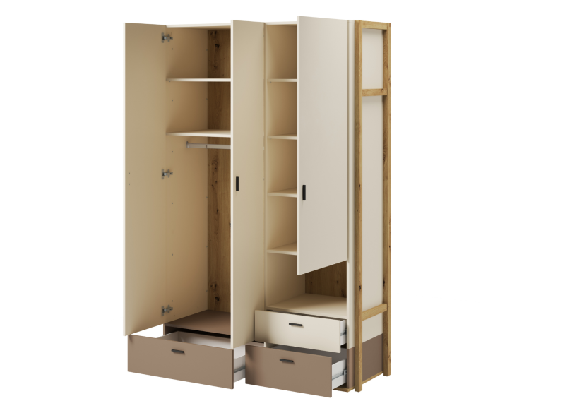 Łóżko dziecięce ciemnoszare drewniane z szufladami, w aranżacji pokoju dziecięcego z zabawkami.