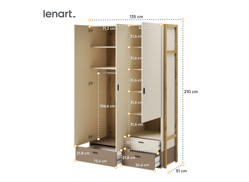 Szafa dwudrzwiowa Lenart, drewniana, beżowe fronty, z półkami i szufladami, widok techniczny na białym tle.