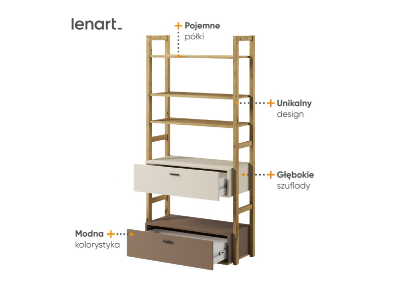 Stylowy regał pokojowy z pojemnymi półkami i unikalnym designem od producenta Lenart.