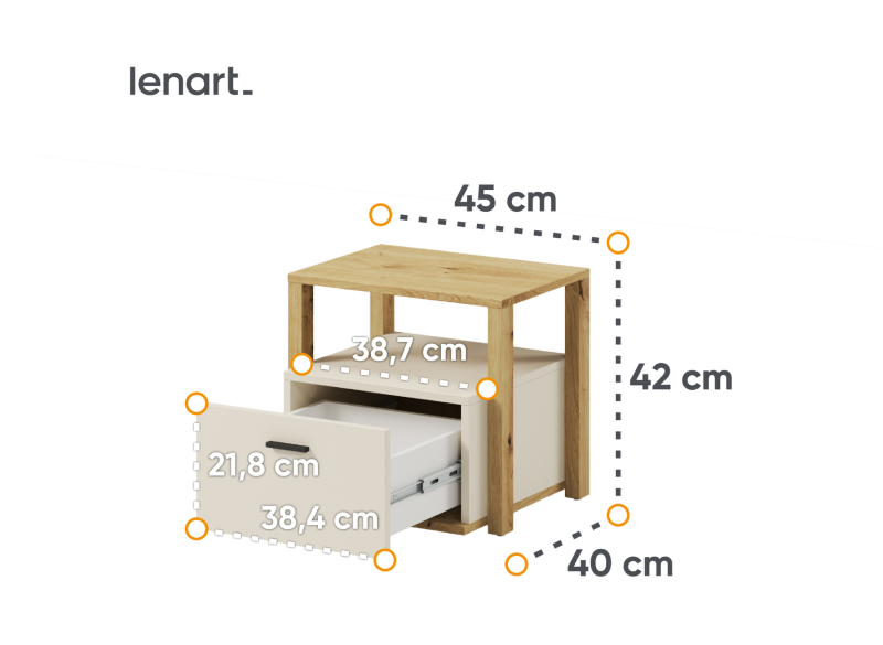 Wymiary szafki nocnej: szerokość 45 cm, wysokość 42 cm, głębokość 40 cm