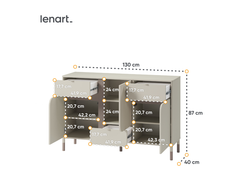Rysunek techniczny komody z wymiarami: szerokość 130 cm, wysokość 87 cm.
