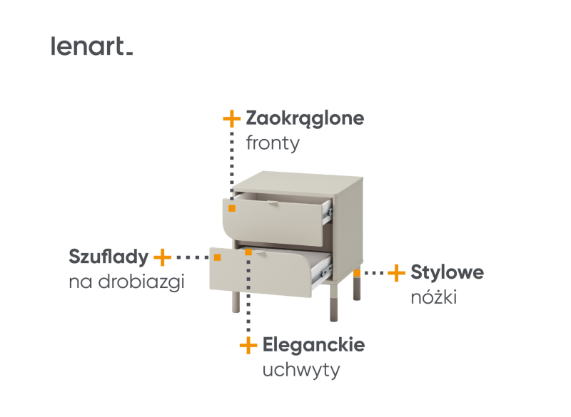 Cechy szafki nocnej: zaokrąglone fronty, uchwyty i stylowe nóżki.