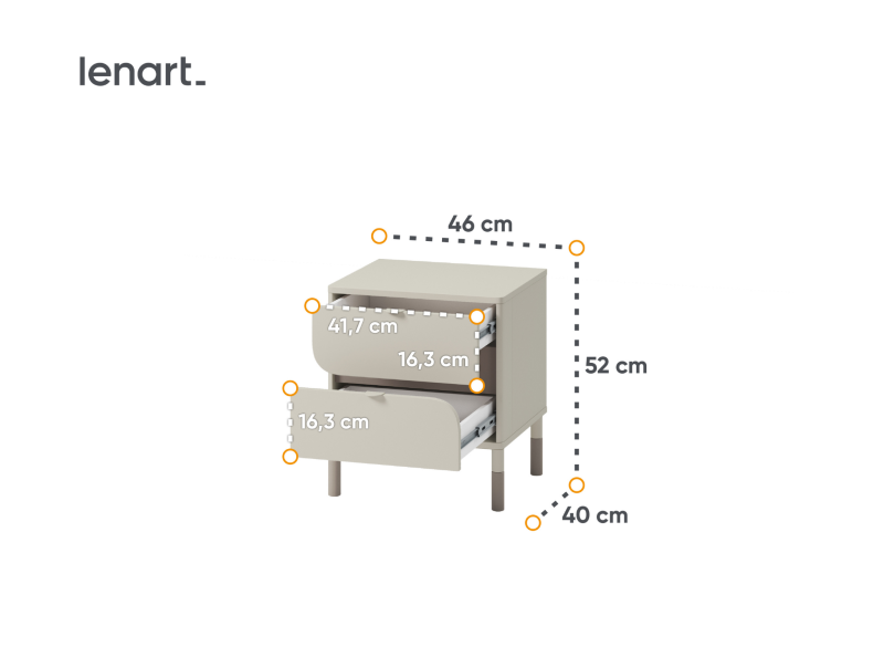 Schemat z wymiarami szafki nocnej o szerokości 46 cm i wysokości 52 cm.