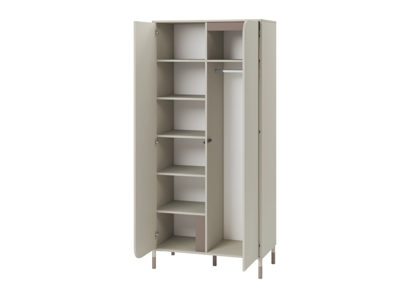 Otwarta szafa ubraniowa w kolorze beżowym z półkami i drążkiem na ubrania.