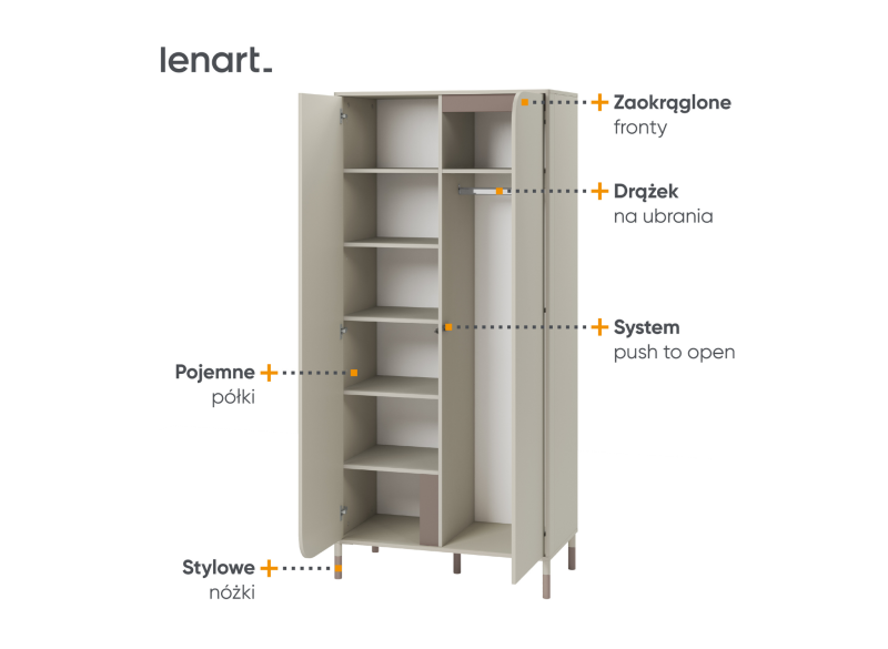 Funkcje szafy: system push to open, zaokrąglone fronty i pojemne wnętrze.