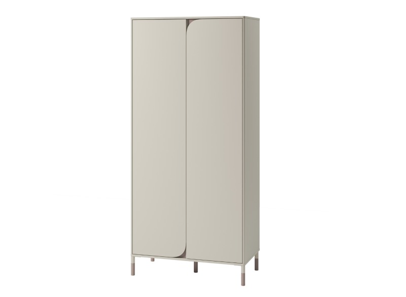 Beżowa szafa dwudrzwiowa z zaokrąglonymi uchwytami i nogami, na białym tle.