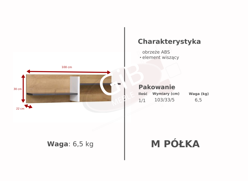 Nowoczesna półka wisząca dąb z białym i szarym elementem, wymiary 100x30x22 cm.