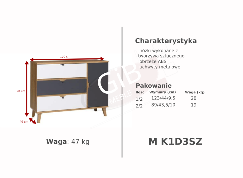 Szeroka komoda M K1D3SZ z szufladami i szafką, dębowa z kolorowymi frontami, 120x90 cm.