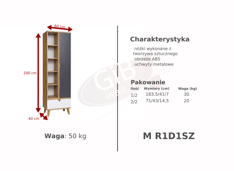 Wysoki regał M R1D1SZ z półkami i szufladą, dąb i grafit, wymiary 60x200 cm.