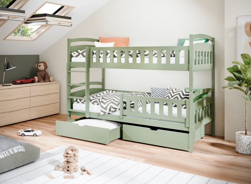 Łóżko piętrowe drewniane zielone z szufladami, idealne do pokoju dziecięcego, w aranżacji wnętrza.