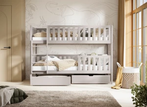 Łóżko piętrowe drewniane szare z szufladami, drabinką, w pokoju dziecięcym z tapetą safari.