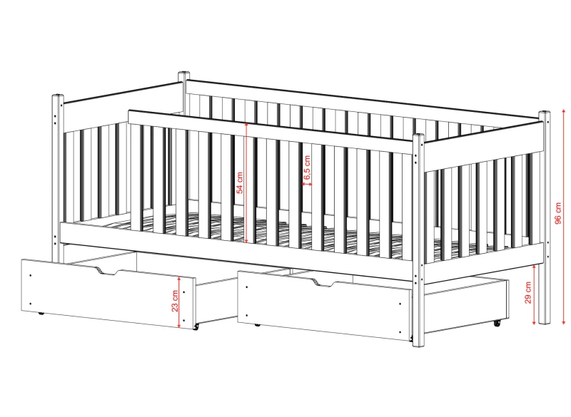 Projekt konstrukcyjny łóżka dziecięcego z opisem wymiarów.
