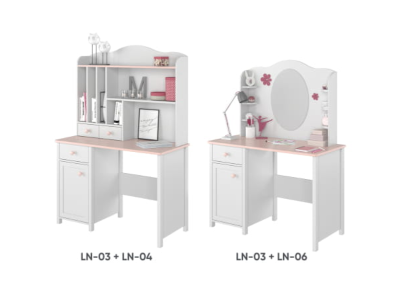 Dwie wersje białego biurka dla dziewczynki: z nadstawką z półkami oraz z owalnym lustrem.