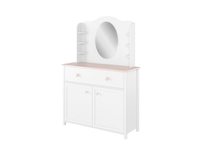 Biała toaletka dla dziewczynki z owalnym lustrem, różowym blatem i bocznymi półeczkami na drobiazgi.