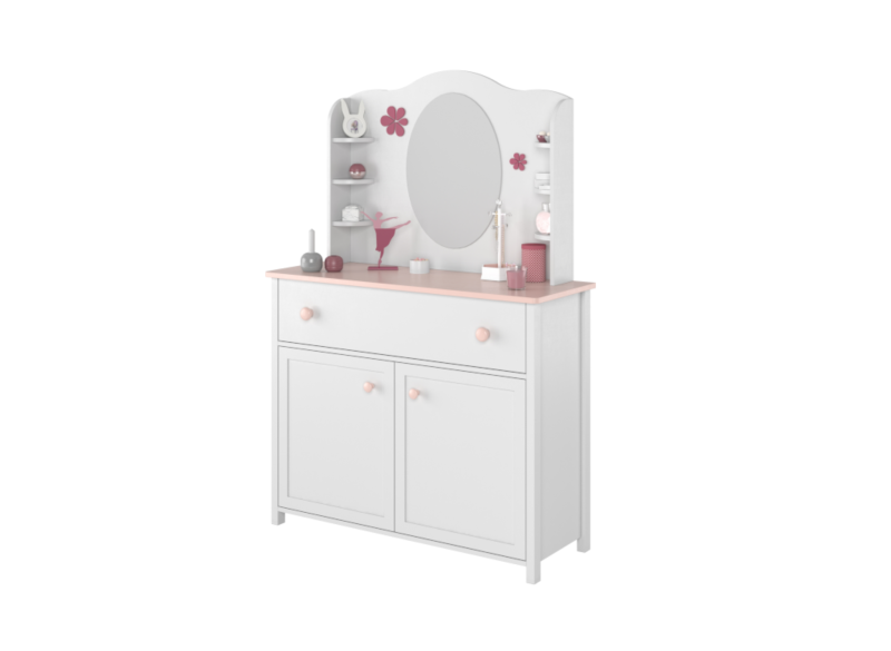 Biała toaletka z lustrem udekorowana akcesoriami, idealna do pokoju małej baletnicy.