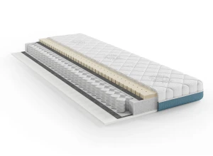 Materac z przekrojem, sprężyny kieszeniowe, warstwy piankowe, biały pikowany pokrowiec, niebieski bok, na białym tle.