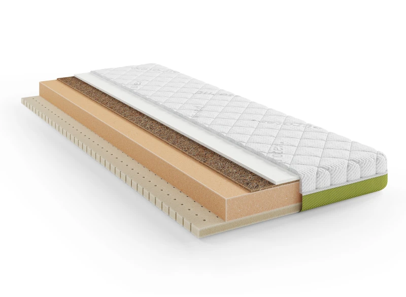 Materac piankowy, przekrój z warstwami pianki i kokosu, biały pikowany pokrowiec, zielone boki, na białym tle.