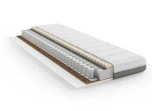 Materac kieszeniowy, przekrój warstw: sprężyny, pianka, kokos, biały pokrowiec, na białym tle.