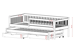 Drewniane łóżko wysuwane z szufladami, z barierkami, widoczne wymiary techniczne, na białym tle.