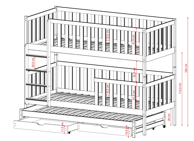 Wymiary białego łóżka piętrowego dla trzech osób z wysuwanym dolnym spaniem.