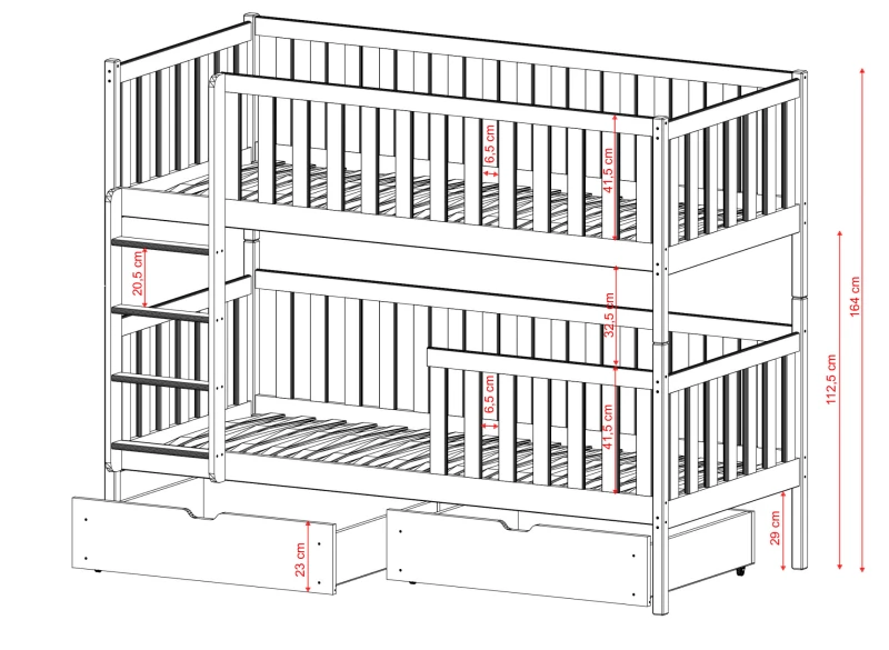 Białe drewniane łóżko piętrowe z szufladami i drabinką, widok techniczny z wymiarami na białym tle.