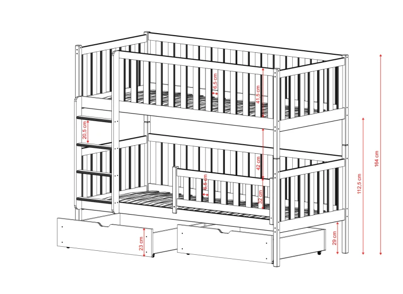 Białe drewniane łóżko piętrowe z szufladami, widok z wymiarami. Optymalne wykorzystanie przestrzeni.
