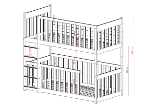 Rysunek techniczny łóżka piętrowego z wymiarami: wysokość 175 cm, barierki 54 cm.