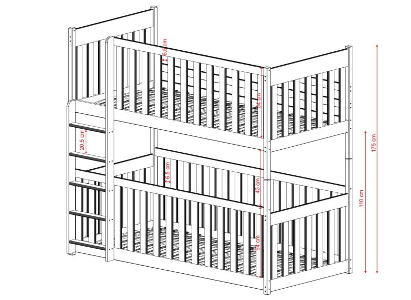 Szczegółowy rysunek łóżka piętrowego z wymiarami barierek ochronnych, wysokość 175 cm.