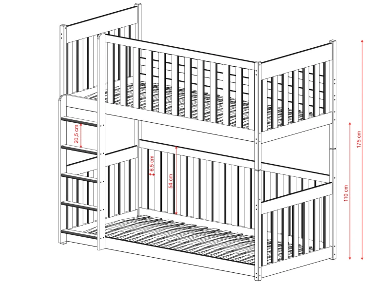 Wymiary łóżka piętrowego: barierka dolna 54 cm, wysokość do górnego spania 110 cm.