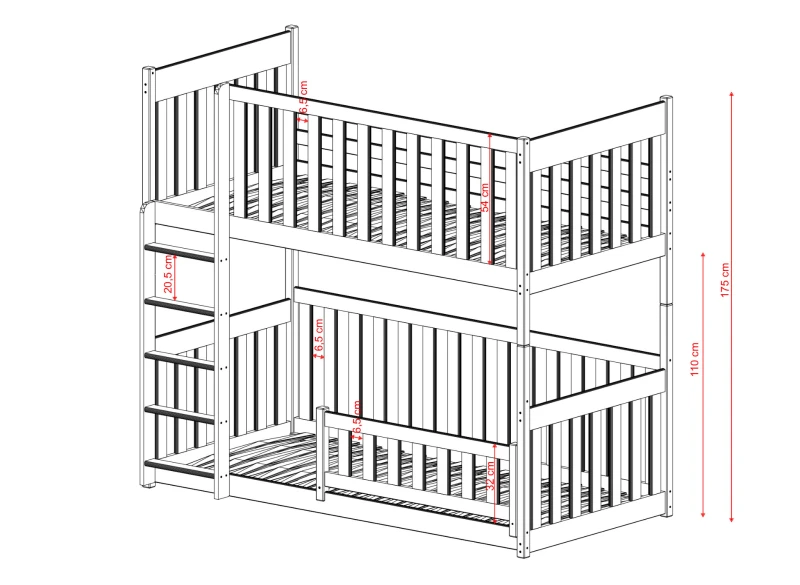 Szczegółowe wymiary łóżka piętrowego, barierka dolna 32 cm, wysokość całkowita 175 cm.