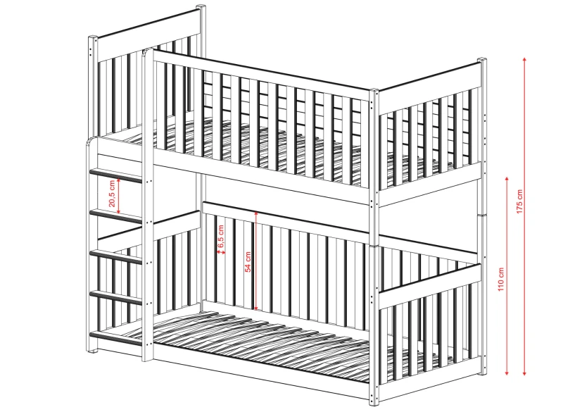 Szczegółowe wymiary łóżka piętrowego: odstęp między szczeblami drabinki wynosi 20,5 cm.