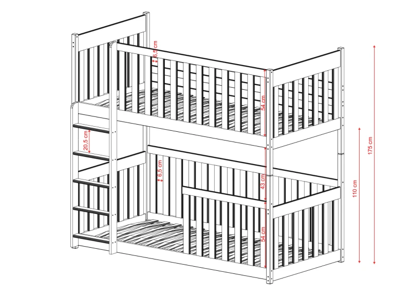 Łóżko piętrowe z barierką zabezpieczającą po prawej stronie na dole, wymiary.