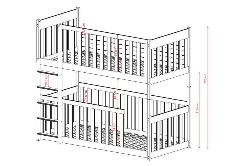 Łóżko piętrowe z barierką ochronną po lewej stronie na dole, wymiary.