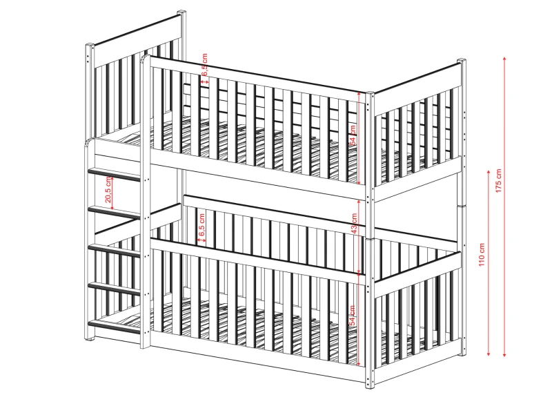 Schemat wymiarów łóżka piętrowego: prześwit między łóżkami wynosi 43cm.