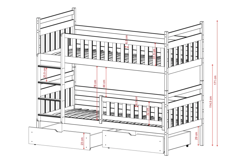 Rysunek techniczny drewnianego łóżka piętrowego trzyosobowego z wymiarami i szufladami.